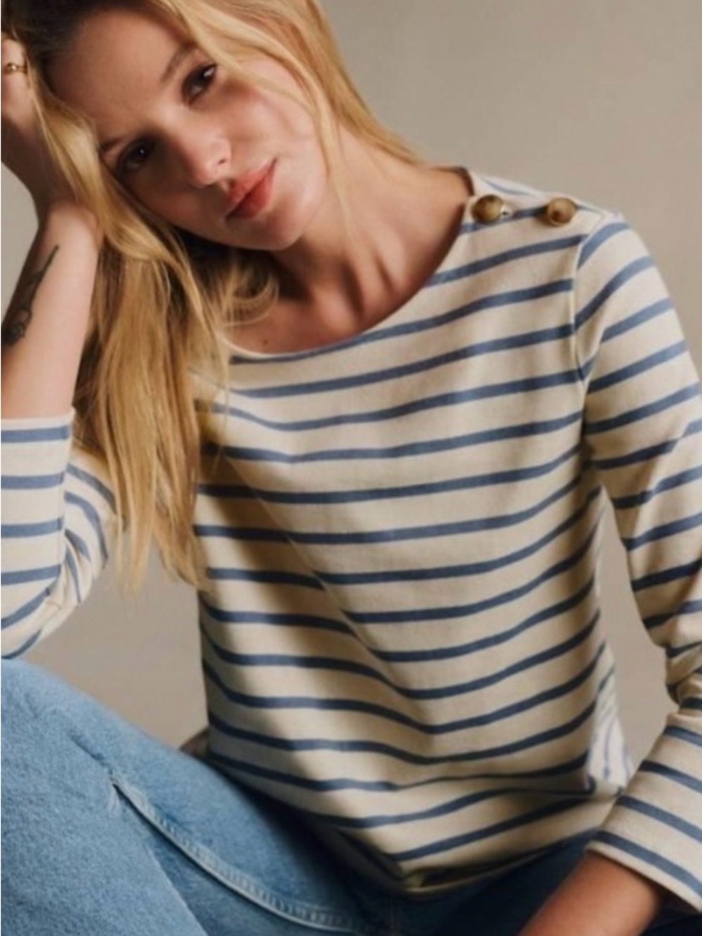 Sezane Colette  Mariniere Cotton Striped Ivory Blue  Long Sleeve T-shirt